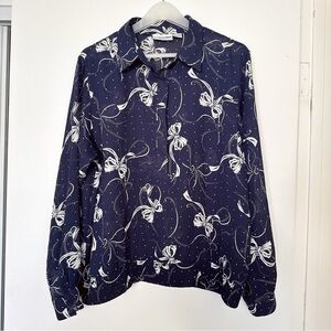 Vintage Navy and White Bow Print Blouse Size L